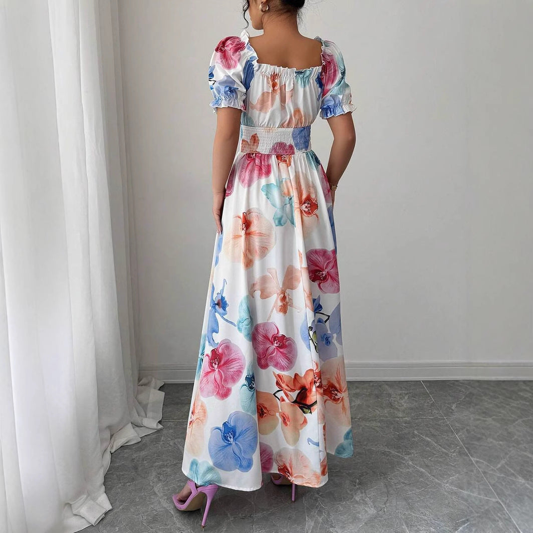 Damen Maxikleid mit floralen Akzenten und Puffärmeln Sovae