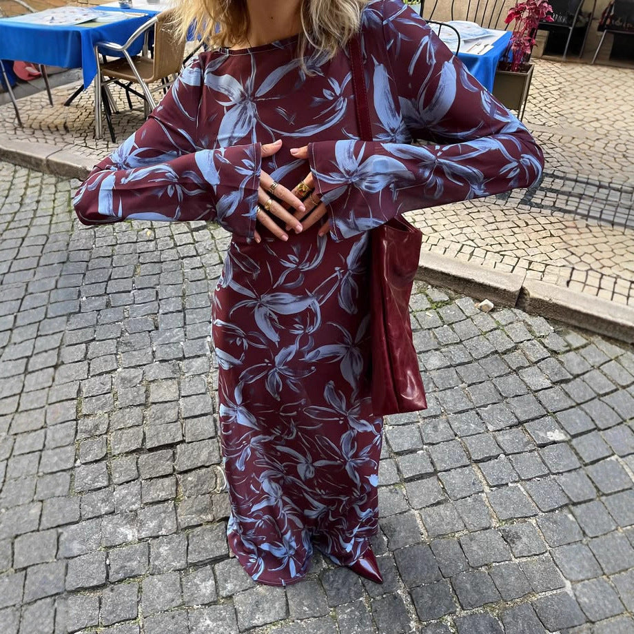 Dame Langärmliges Maxikleid mit Blumenmuster und elegantem U-Ausschnitt Sovae
