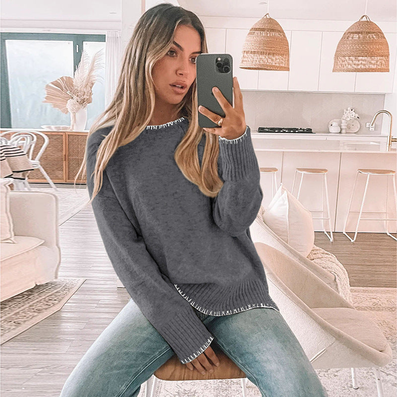 Damen Strickpullover mit dekorativem Saum und weiten Ärmeln Sovae
