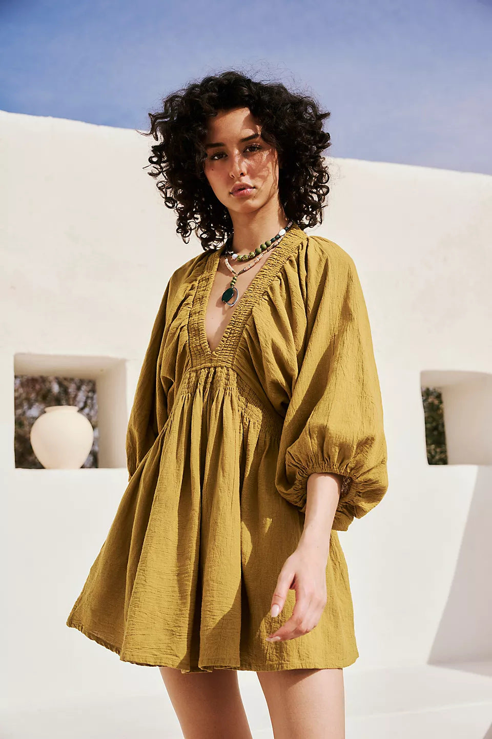 Damen Sommerliches Minikleid mit Puffärmeln und V-Ausschnitt Sovae