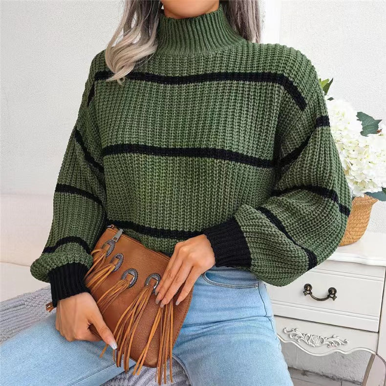 Damen Grobstrickpullover mit hohem Kragen und blockartigen Streifen Sovae