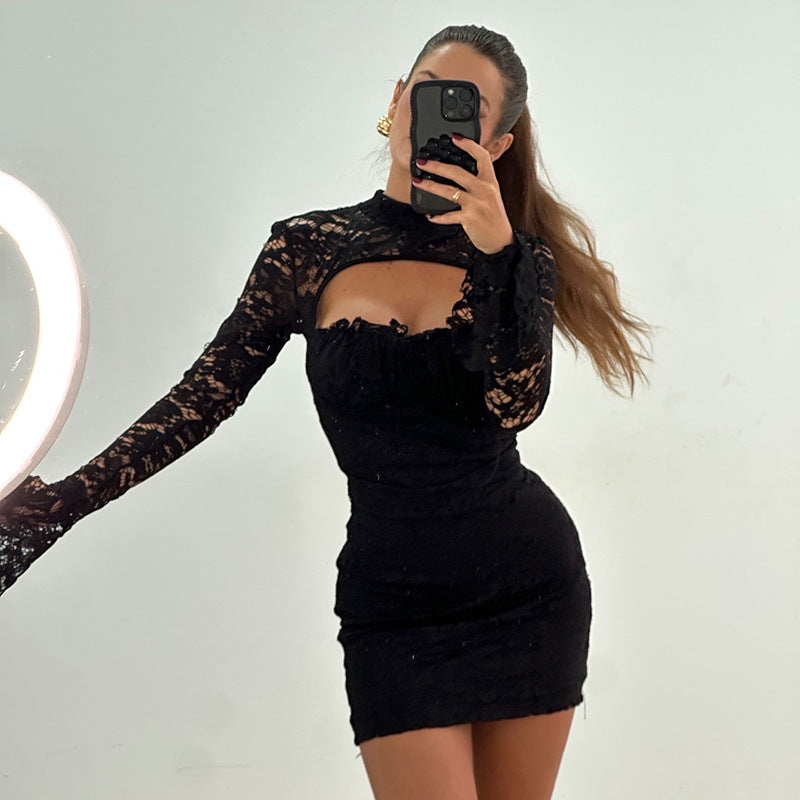 Damen Spitzen Minikleid mit Cut-Out-Details und langen Ärmeln Sovae