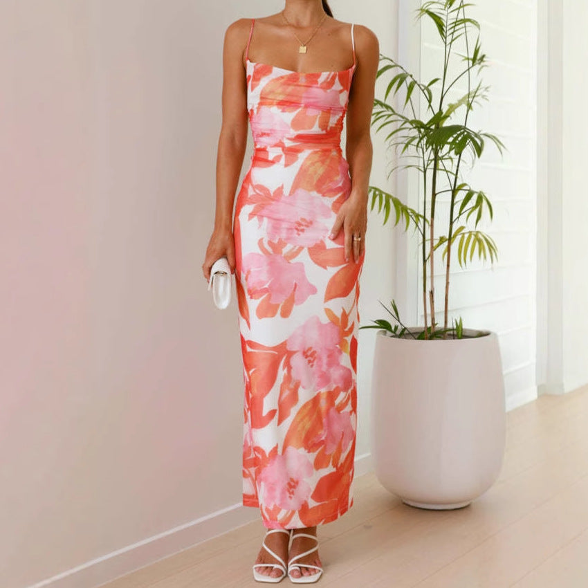Damen figurbetontes Maxikleid mit floralem Design und Spaghettiträgern Sovae