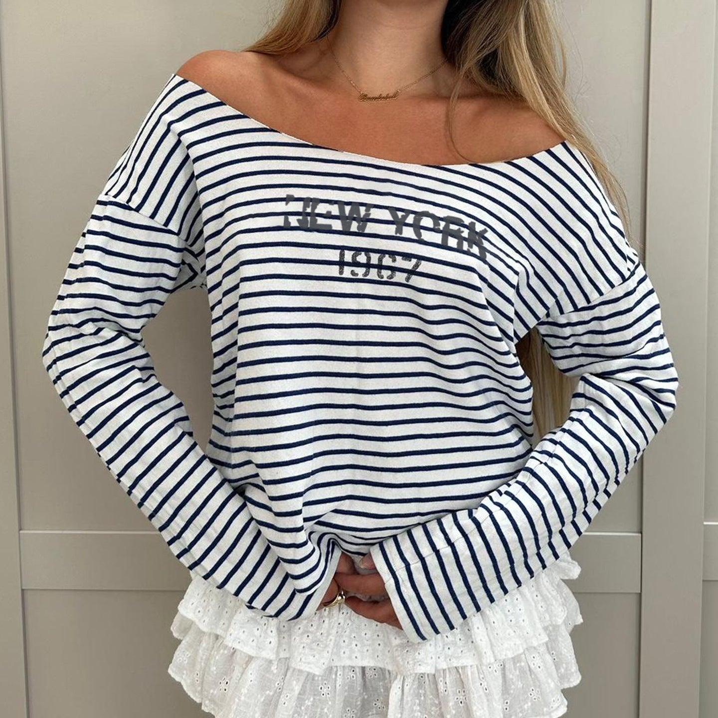 Damen Oversized Streifenpullover mit offenem Ausschnitt und lässigen Ärmeln Sovae