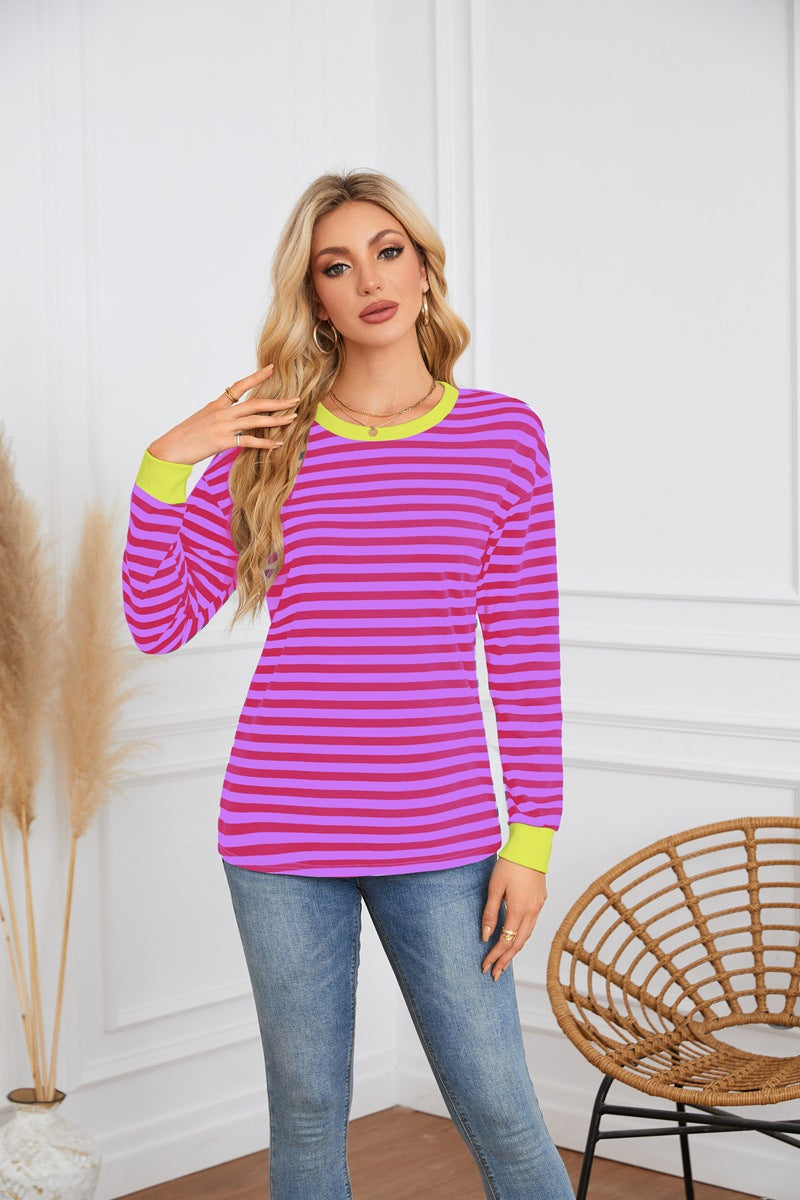 Damen gestreiftes Langarmshirt mit farblich abgesetztem Kragen Sovae
