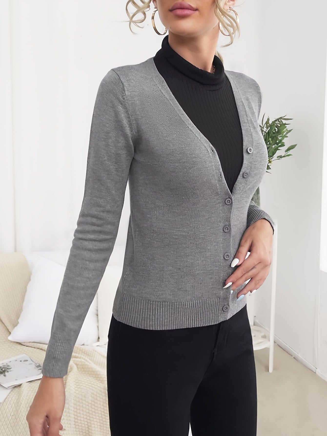 Damen elegante Strickjacke mit Knopfverschluss Sovae