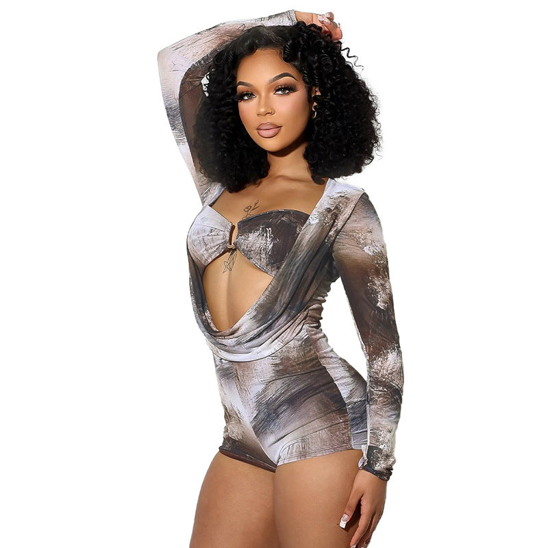 Damen Verführerischer Langarm Jumpsuit mit tiefem Ausschnitt und kunstvollem Cut-Out Sovae
