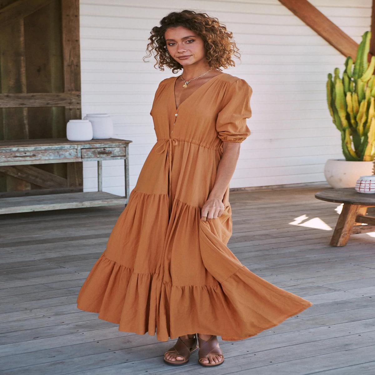 Damen Maxikleid mit zarten Puffärmeln und Taillenzug Sovae