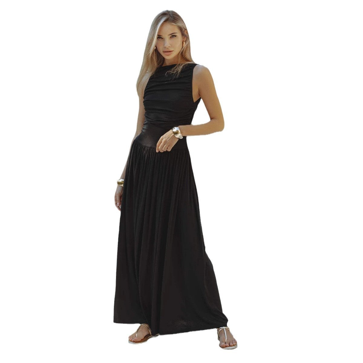 Damen elegantes, fließendes Maxikleid mit Raffungen Sovae