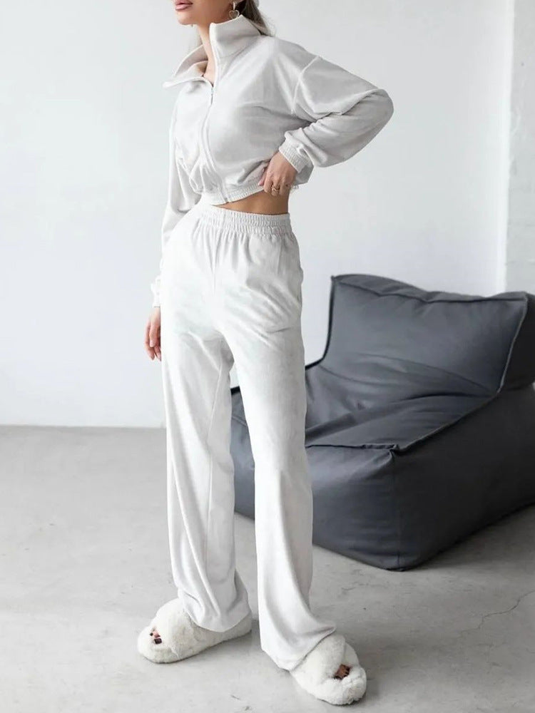 Damen Velours-Loungewear-Set mit hohem Kragen und elastischem Bund Sovae