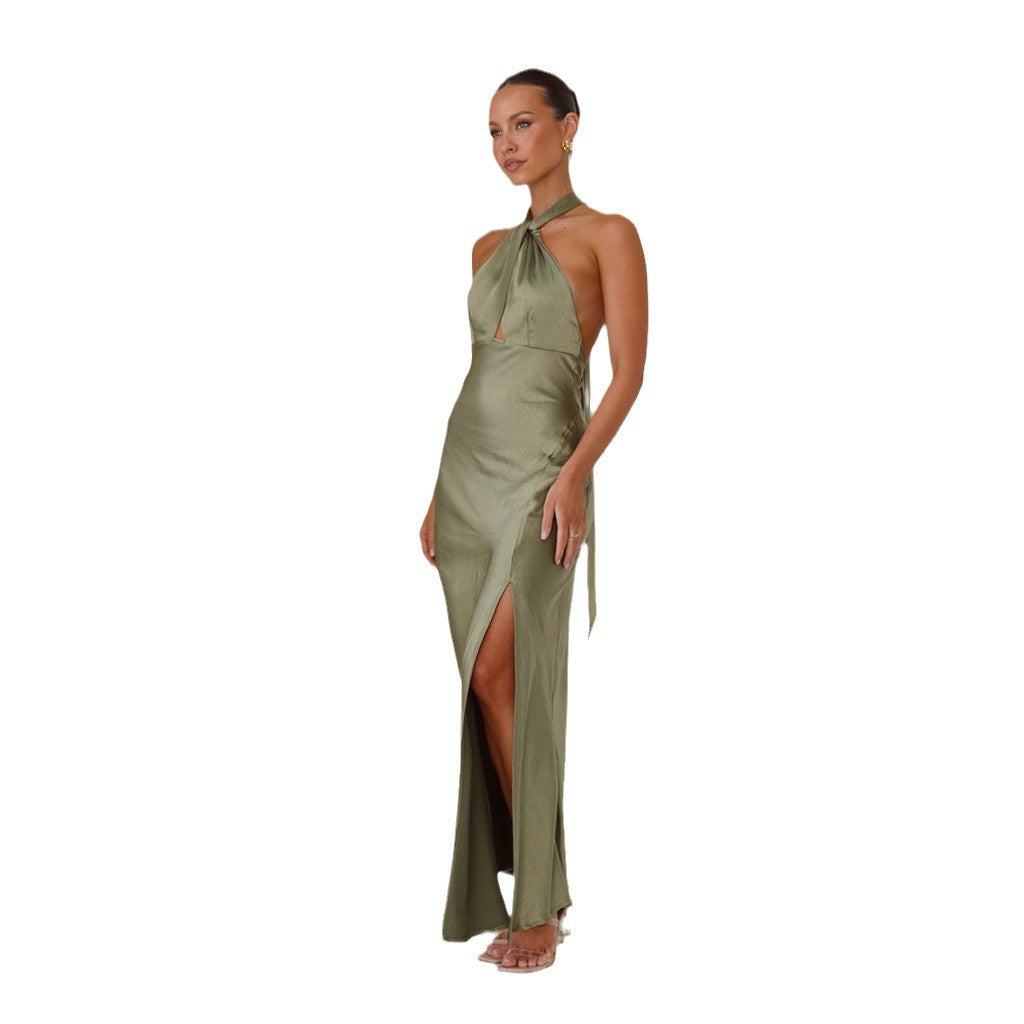 Damen elegantes Maxikleid mit tiefem V-Ausschnitt und schwingendem Saum Sovae