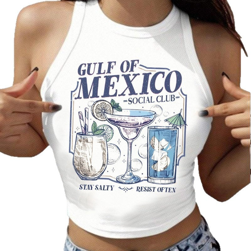 Damen Sportliches Cropped Tanktop mit Cocktailmotiv Sovae