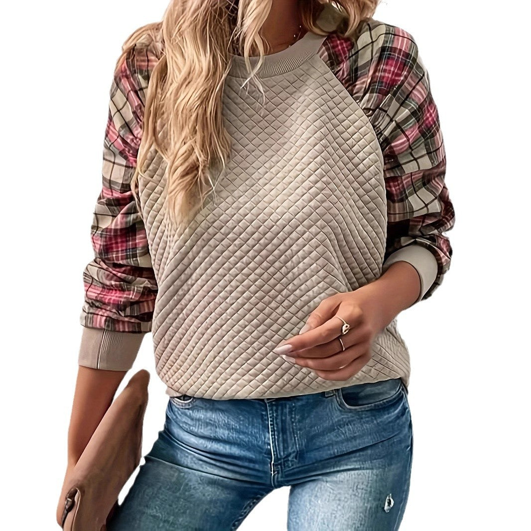 Damen Sweatshirt mit quadratischem Steppmuster und karierten Ärmeln Sovae