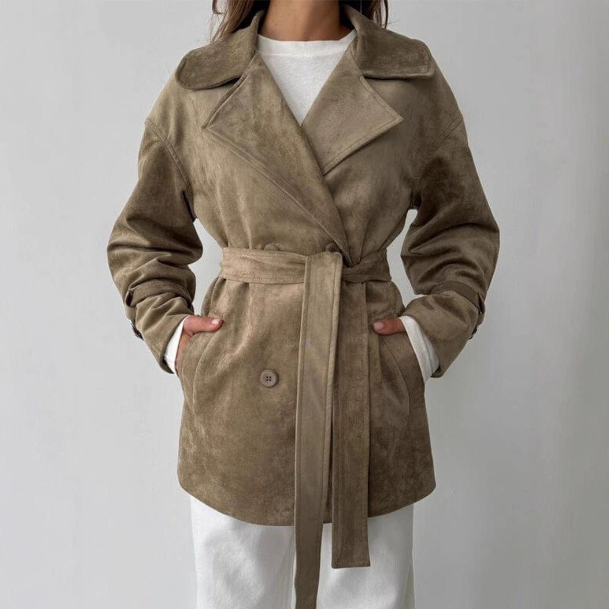 Damen Elegante suède Jacke mit Gürtel Sovae