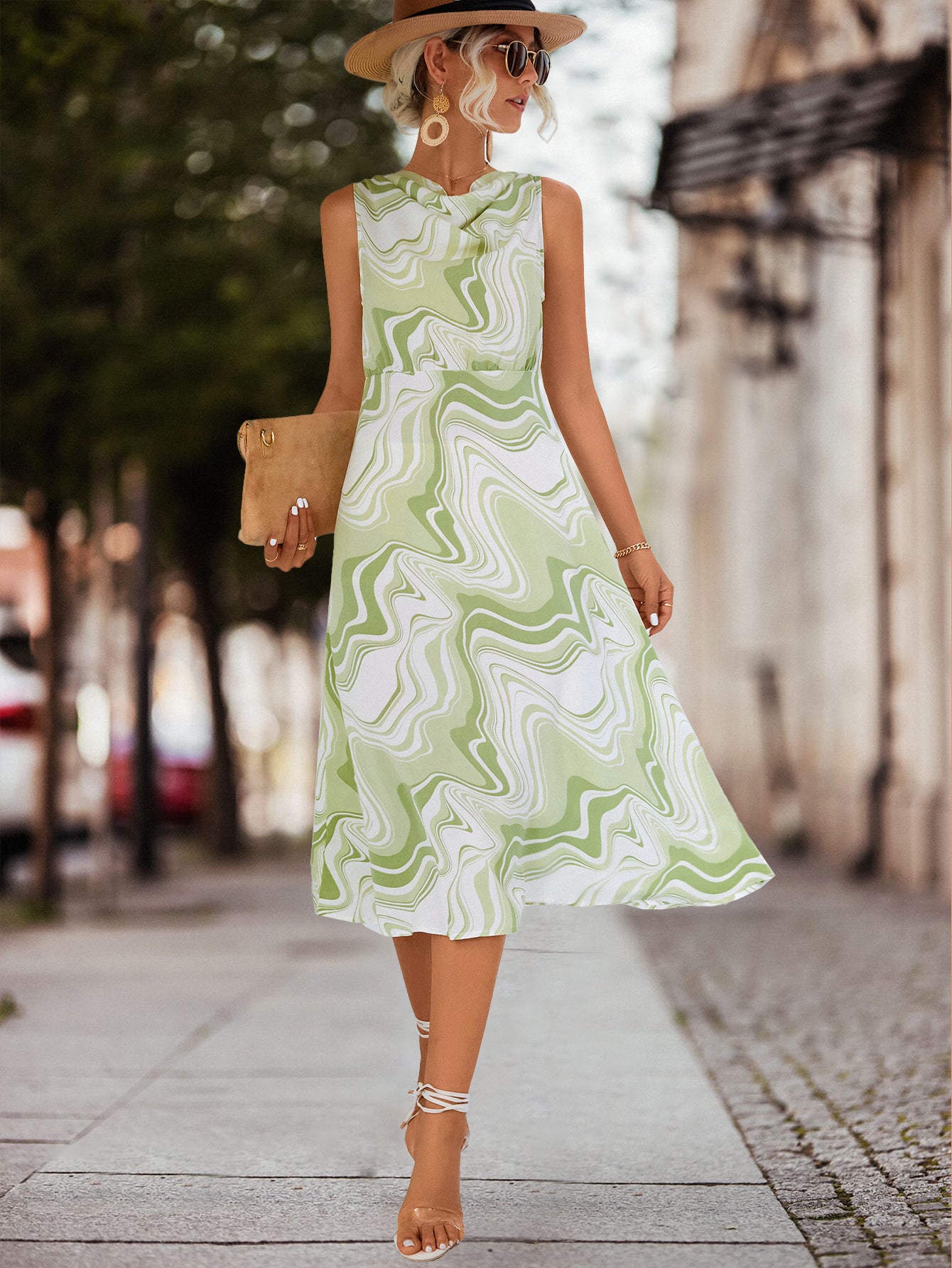 Damen luftiges Midi-Kleid mit modernem Wellenmuster und elegantem Stehkragen Sovae