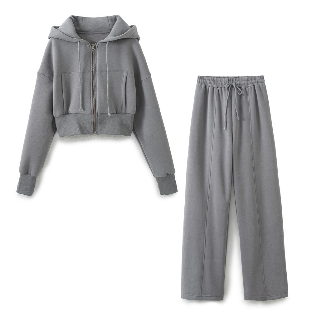 Damen modisches cropped Kapuzenjacken- und Jogginghose-Set Sovae