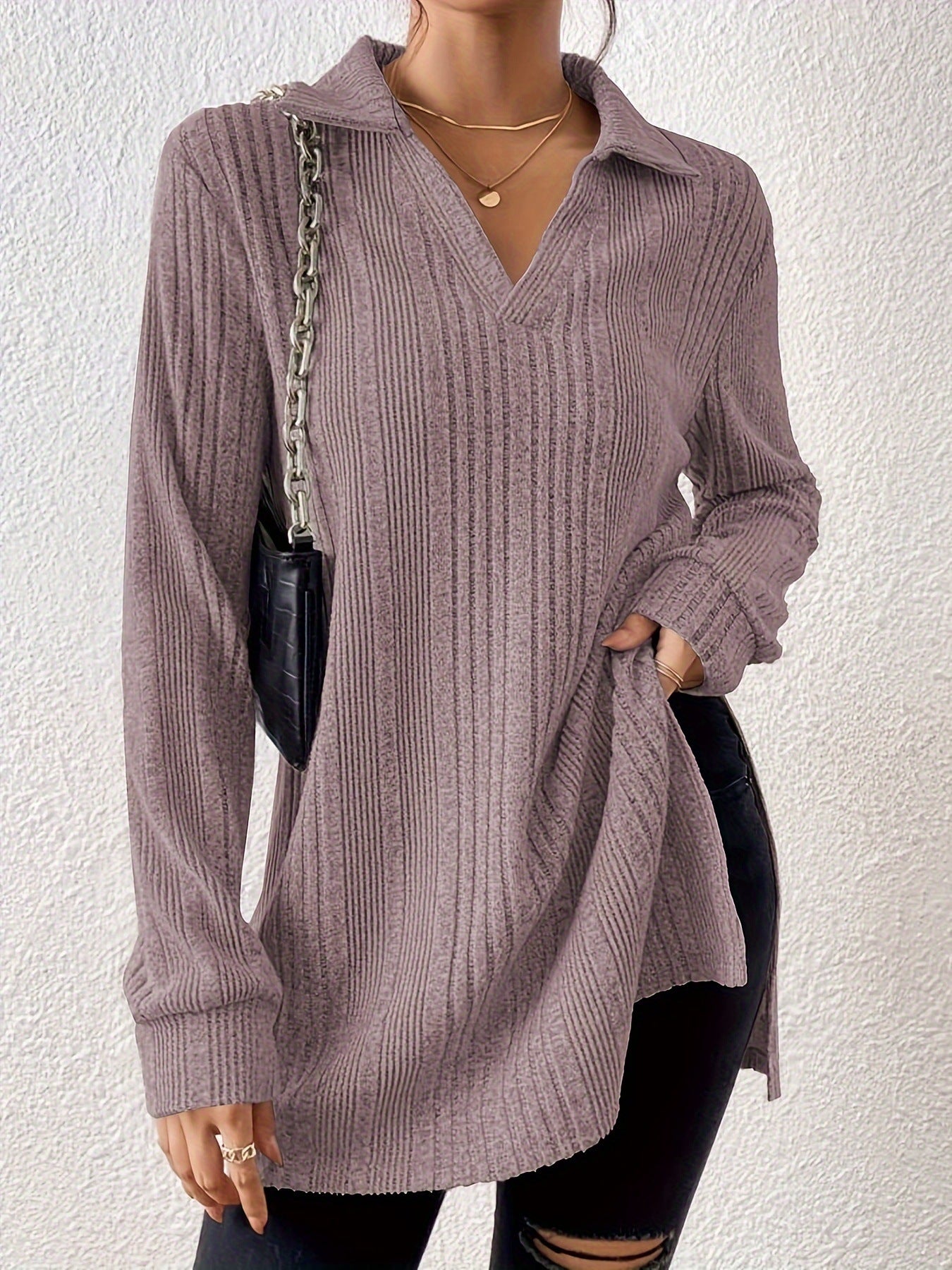 Damen Langarm Shirt mit strukturiertem V-Ausschnitt und schmalen Rippdetails Sovae