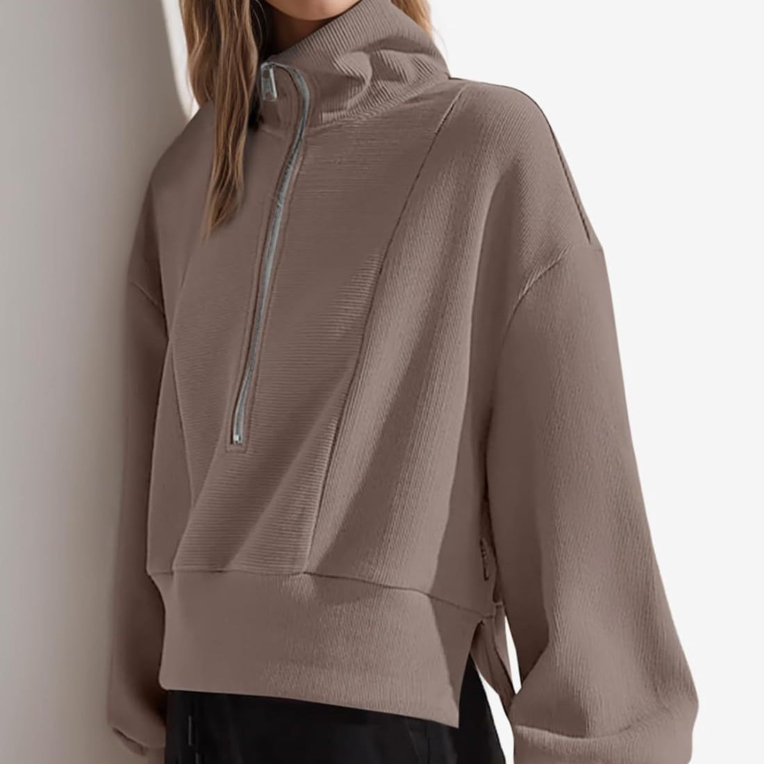 Damen sportlicher Zip-Pullover mit hohem Kragen Sovae