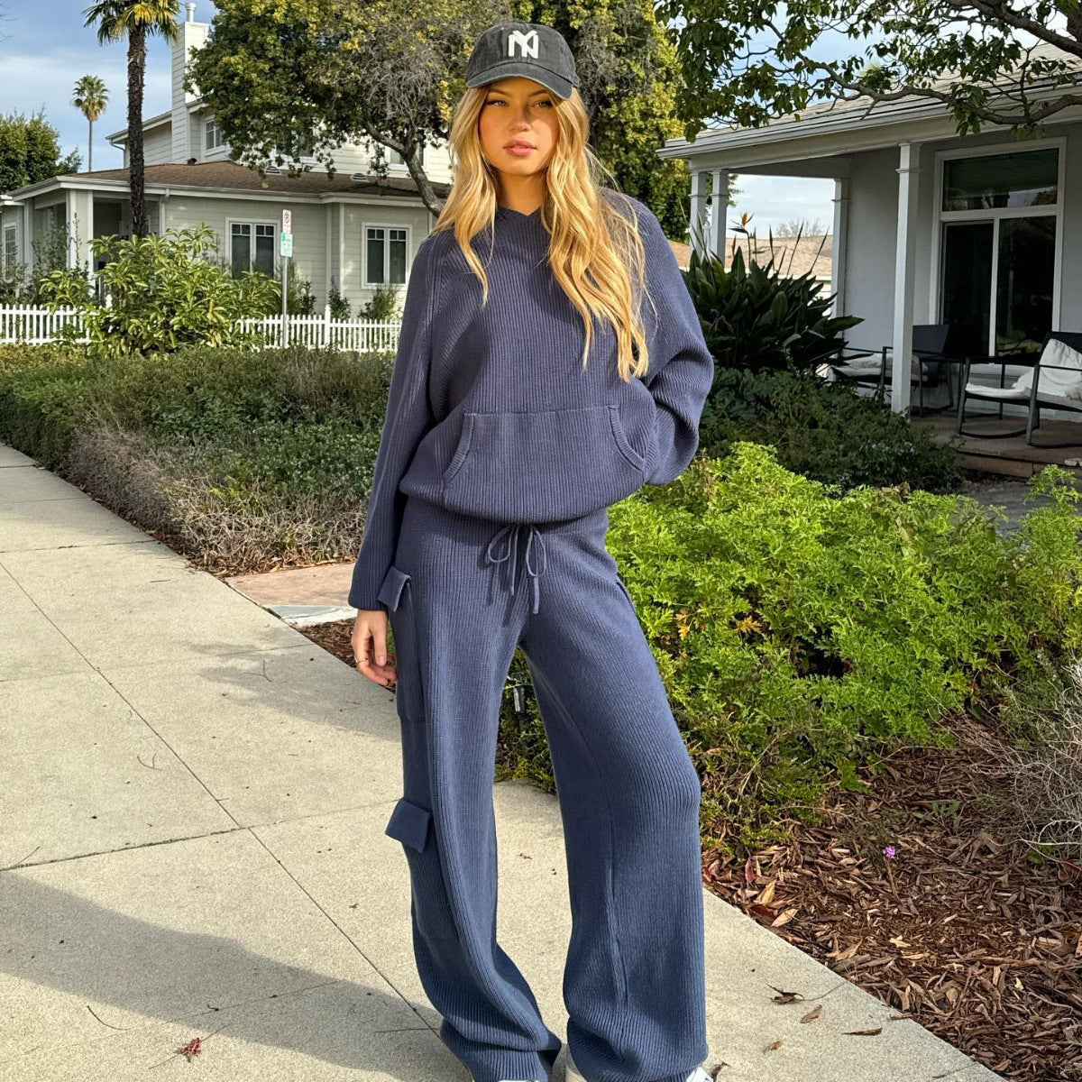 Damen Kuscheliges Rippstrick-Hoodie mit Kängurutasche Sovae
