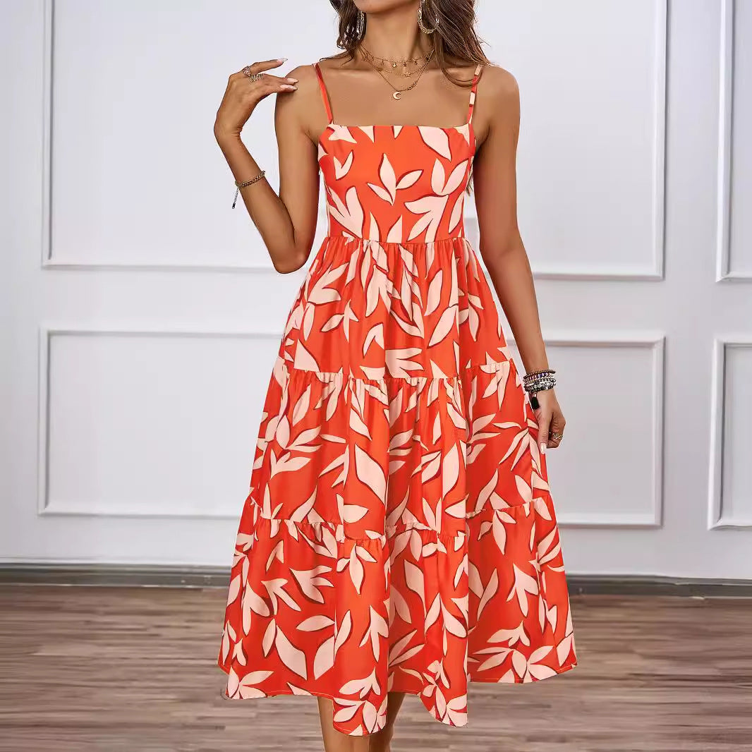 Damen luftiges Midi-Kleid mit floralem Musterdruck und Rüschensaum Sovae