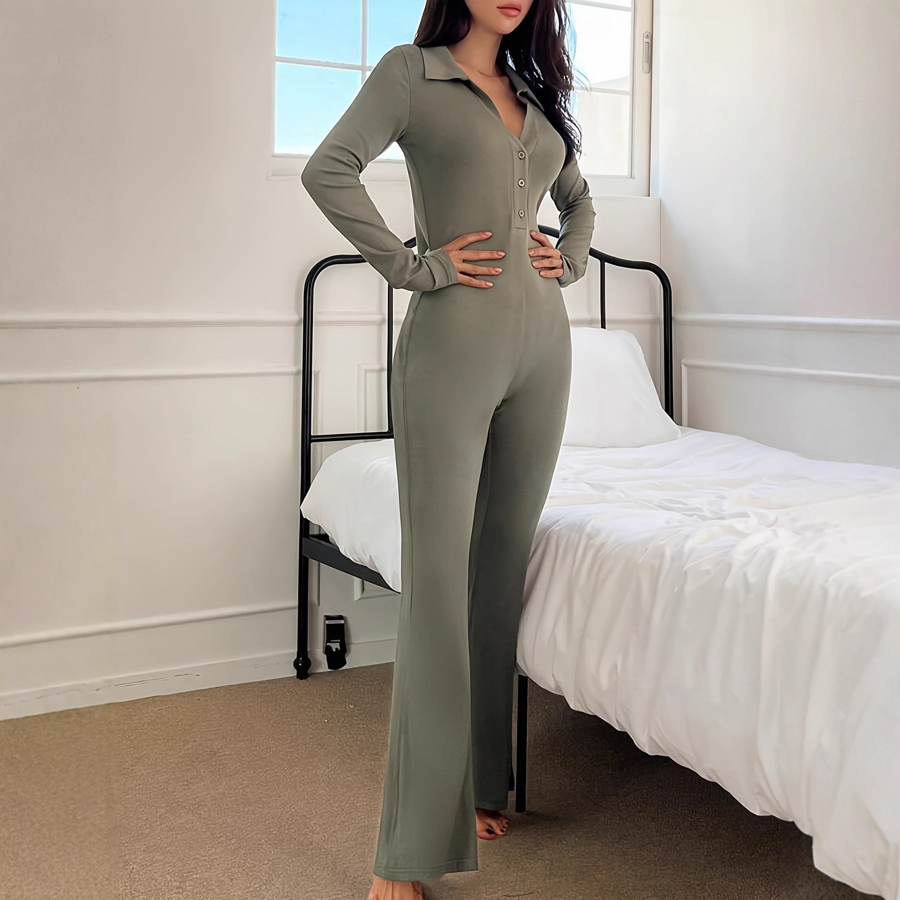 Damen Figurbetonter Overall mit Knopfleiste und weitem Bein Sovae