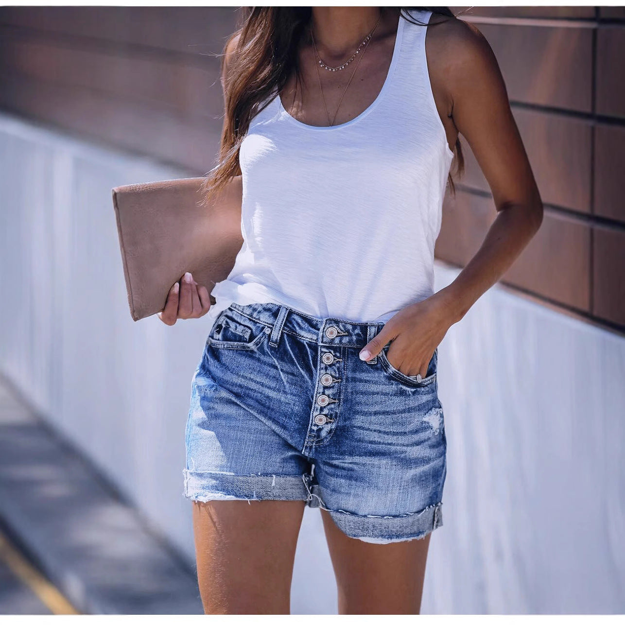 Damen Hochgeschnittene Denim-Shorts mit Knopfleiste Sovae