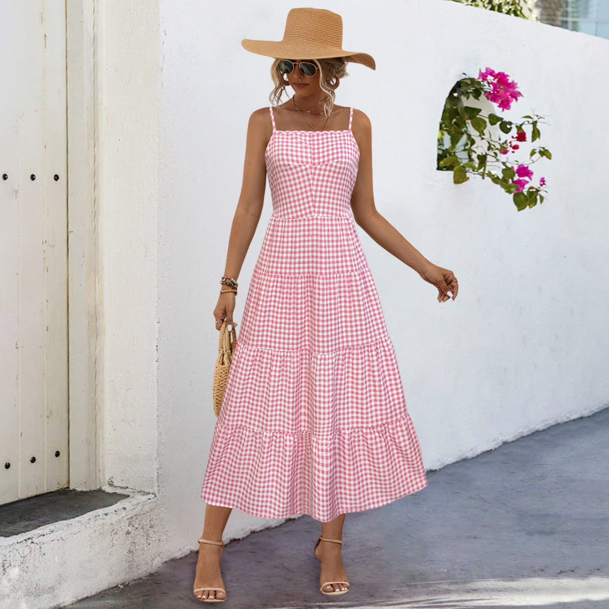 Damen Maxikleid im karierten Design mit Taillenakzent und Rüschensaum Sovae