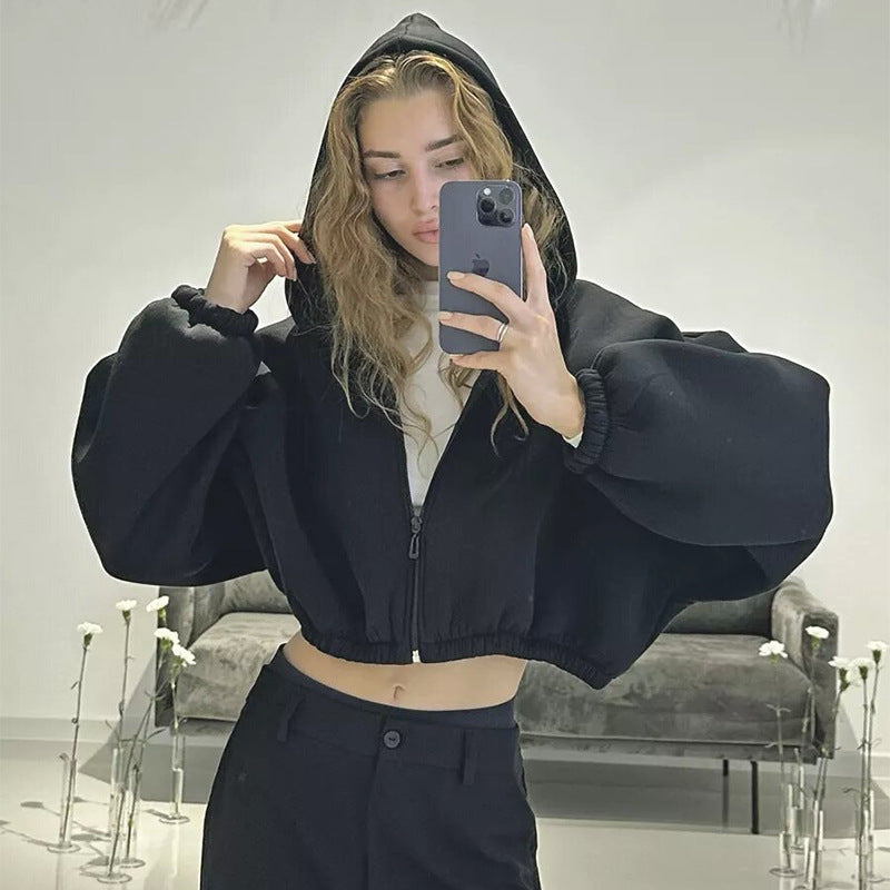 Damen cropped Kapuzenpullover mit voluminösen Ärmeln Sovae