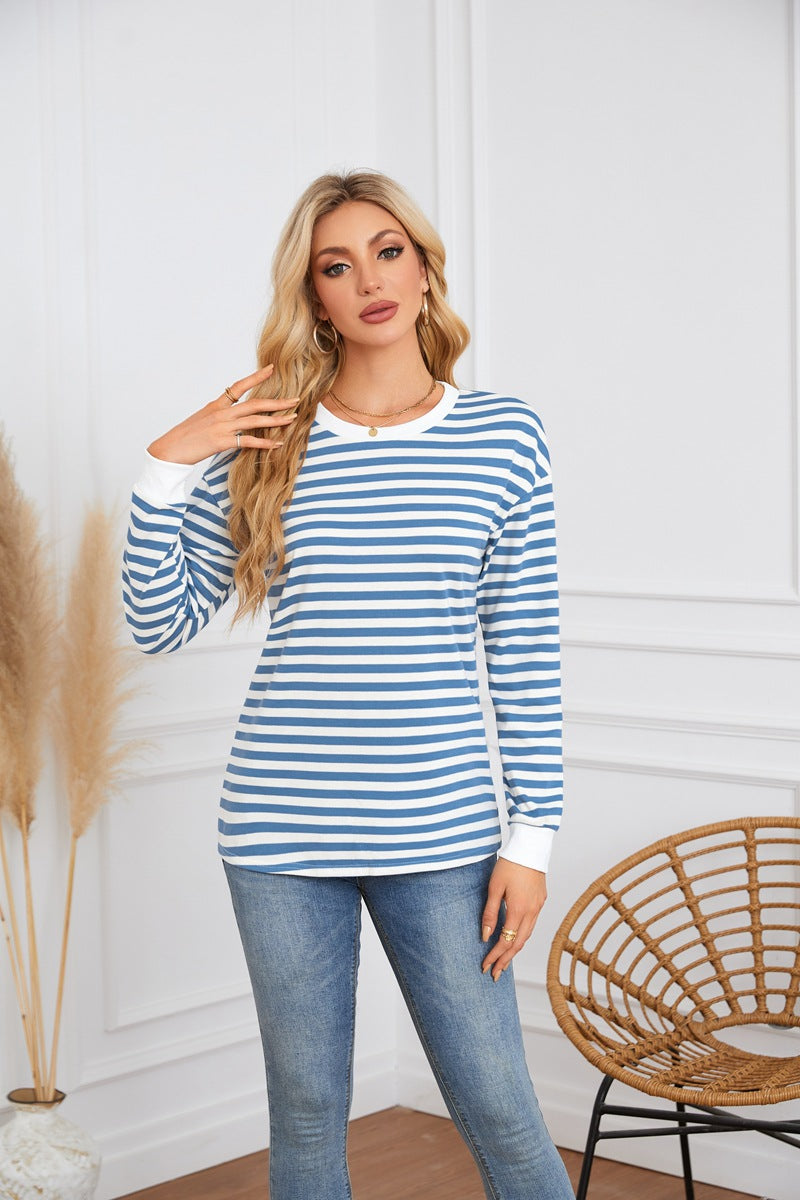 Damen gestreiftes Langarmshirt mit farblich abgesetztem Kragen Sovae
