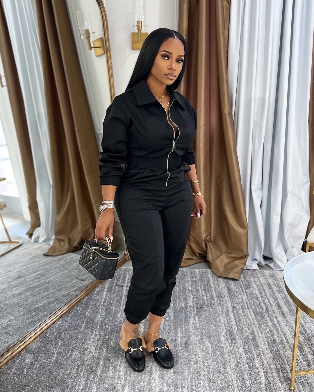 Damen Sportlicher Jumpsuit mit Reißverschluss und elastischem Bund Sovae