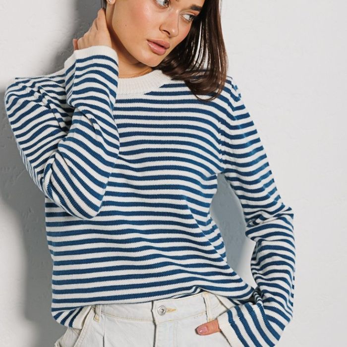 Damen gestreifter, lässiger Pullover aus hochwertigem Baumwollmix Sovae
