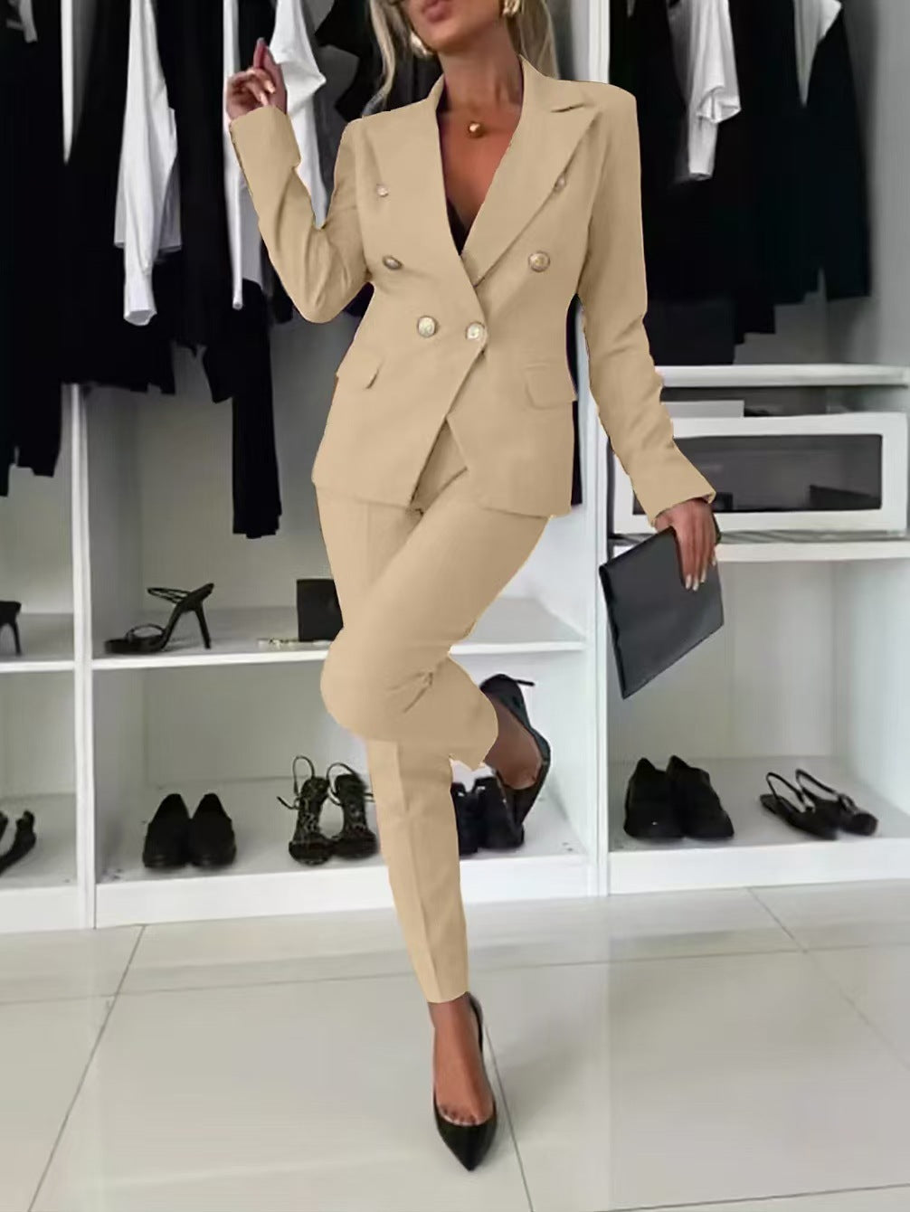 Damen elegantes Tailored Anzug-Set mit doppelter Knopfleiste Sovae