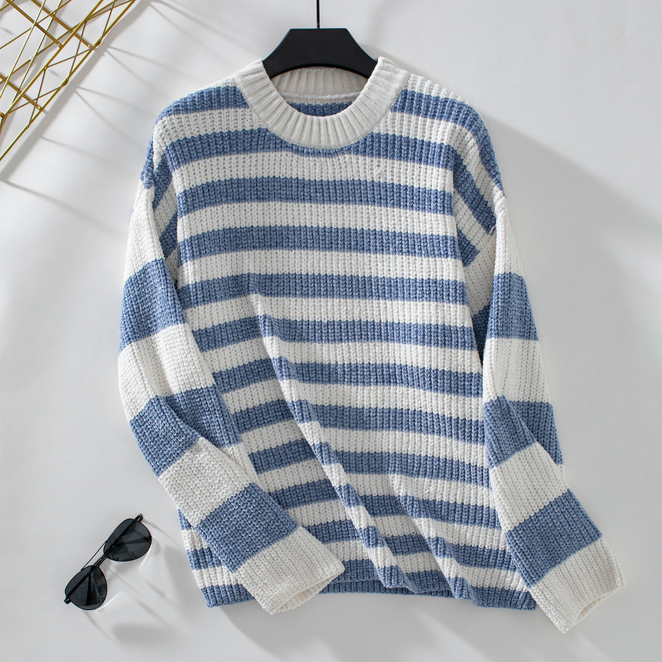 Damen lässiger Streifenpullover mit weichem Strukturstrick Sovae