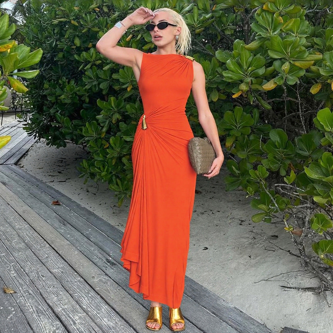 Damen Elegantes Maxikleid mit asymmetrischem Design und drapierter Taille Sovae