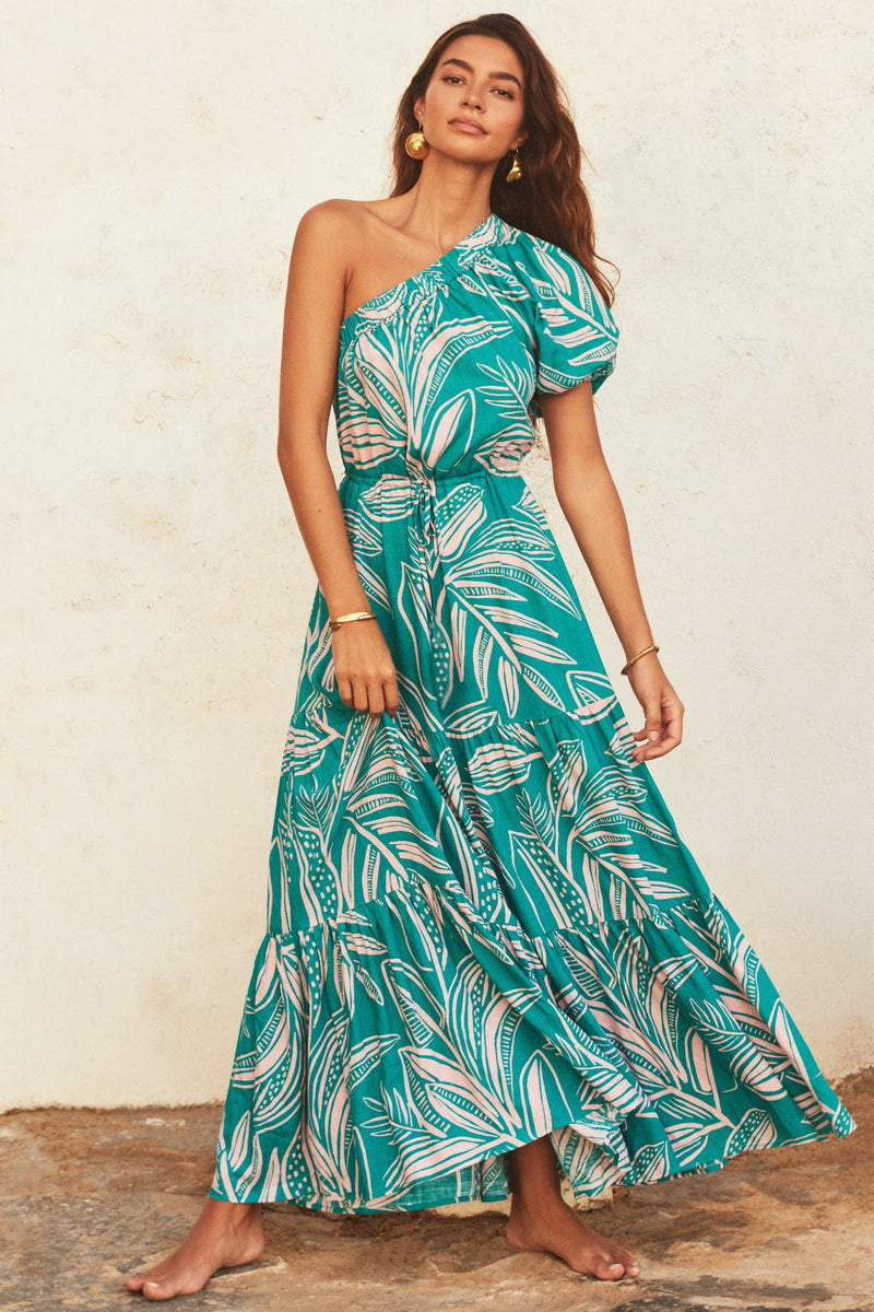 Damen Maxikleid mit asymmetrischem Träger und mehrlagigem Volant Sovae