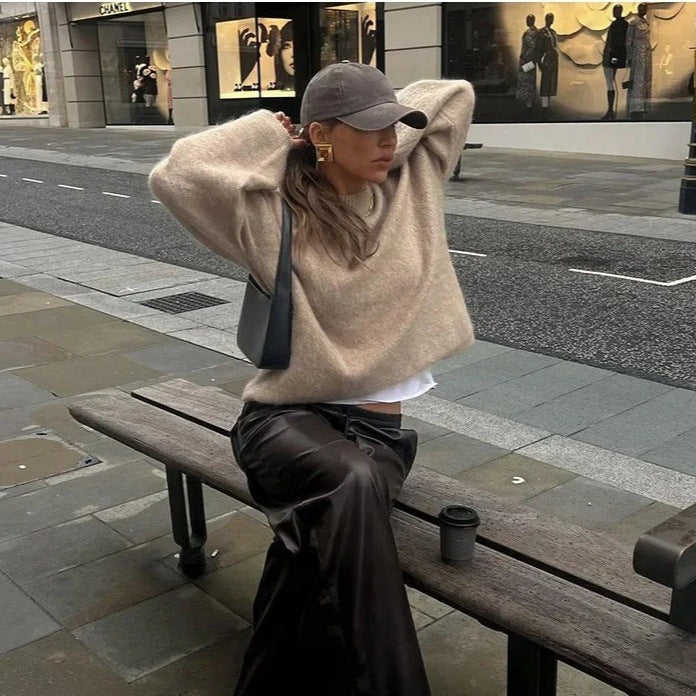 Damen gestrickter Pullover mit Rundhalsausschnitt und weiten Ärmeln Sovae