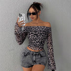 Damen Off-Shoulder Bluse mit Leopardenmuster Sovae