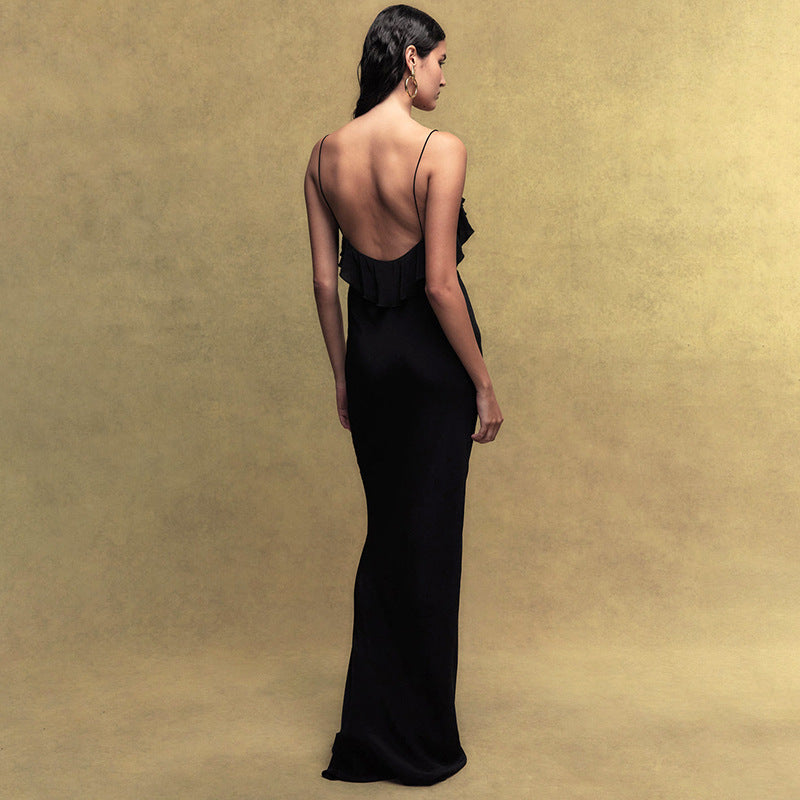 Damen Maxikleid mit voluminösem Rüsche und floraler Applikation Sovae