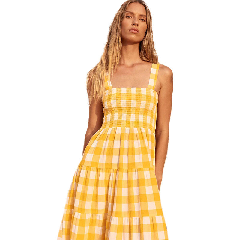 Damen lässiges Maxikleid mit Karomuster und verstellbaren Spaghettiträgern Sovae