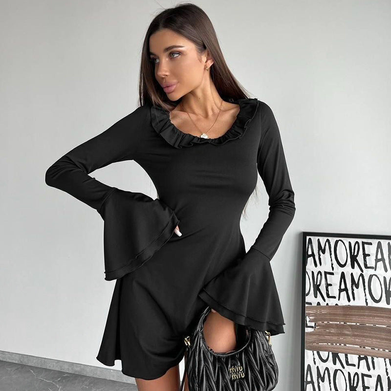 Damen Elegantes Minikleid mit Rüschensaum und langen Ärmeln Sovae