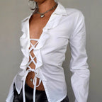 Damen Elegantes Blusenoberteil mit Rüschendetails und Schnürung Sovae