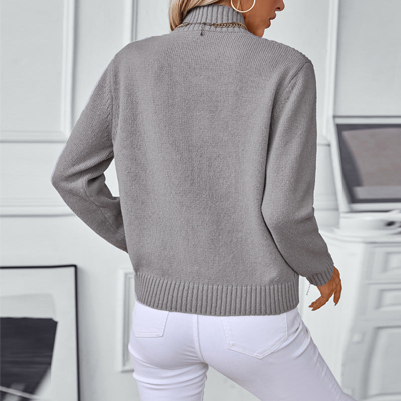 Damen modischer Strickpullover mit hochschließendem Kragen und V-Design Sovae