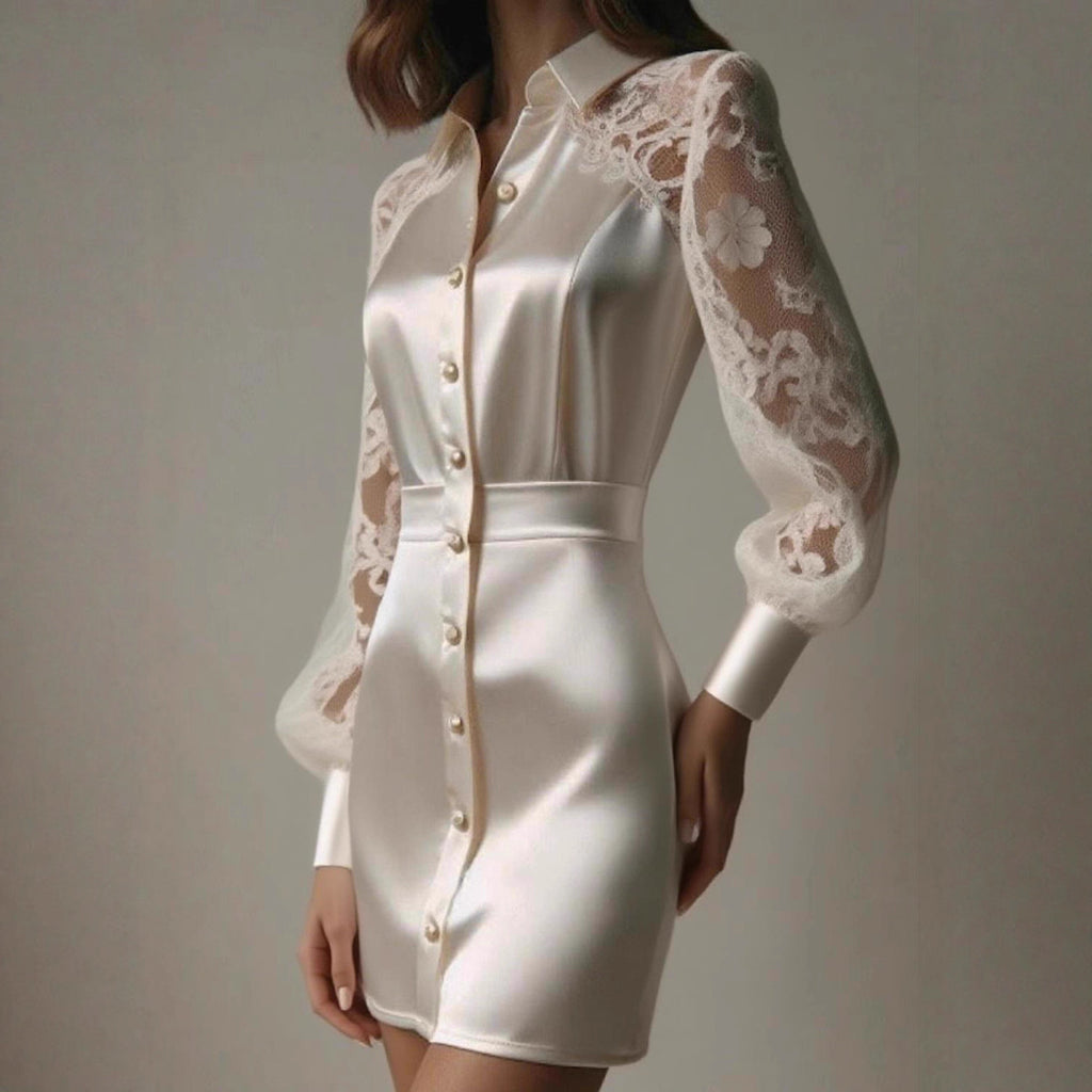 Damen elegantes Minikleid mit transparenten Spitzenärmeln Sovae