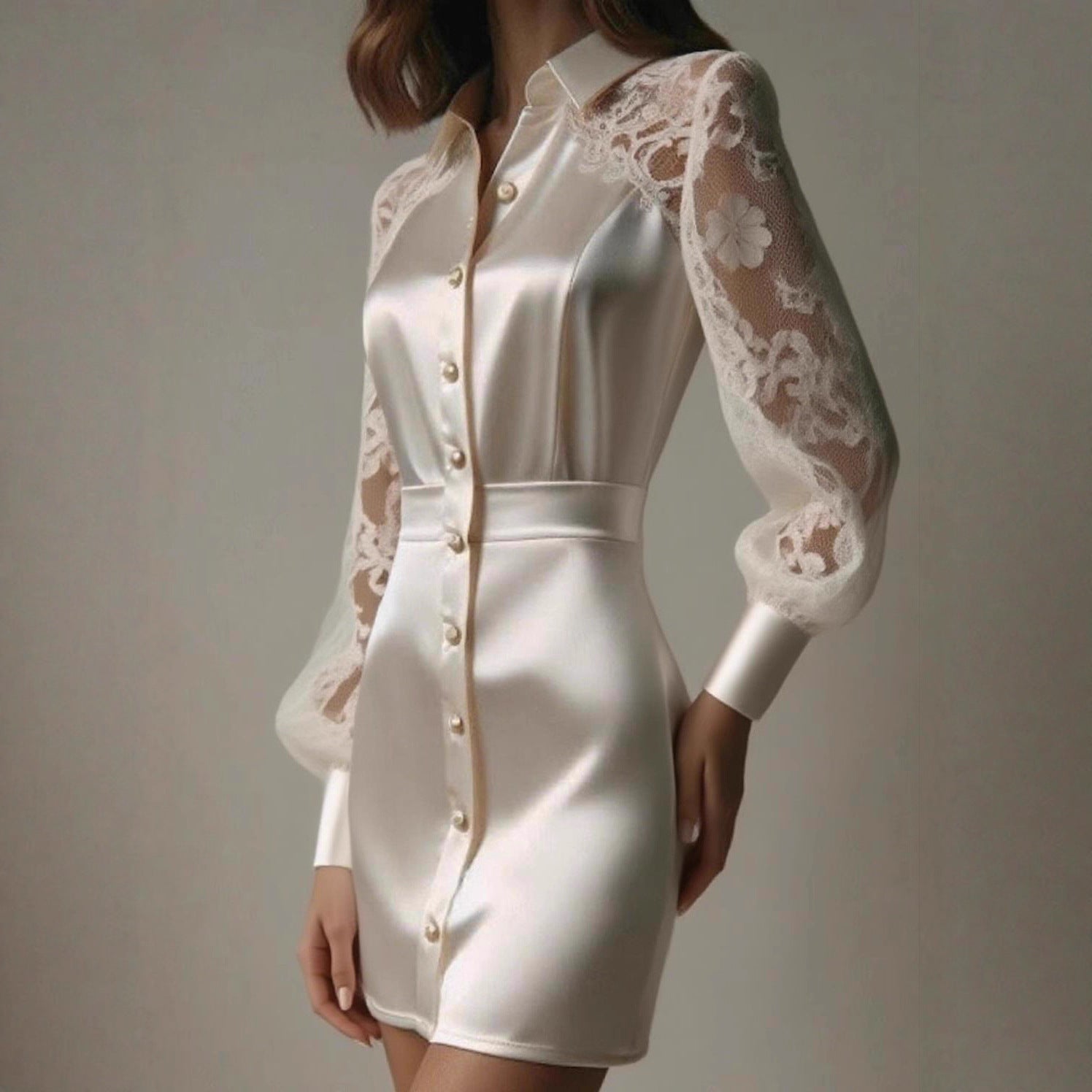 Damen elegantes Minikleid mit transparenten Spitzenärmeln Sovae