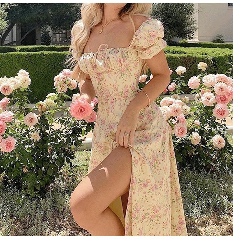 Damen Verspielt Elegantes Maxikleid mit Puffärmeln Sovae