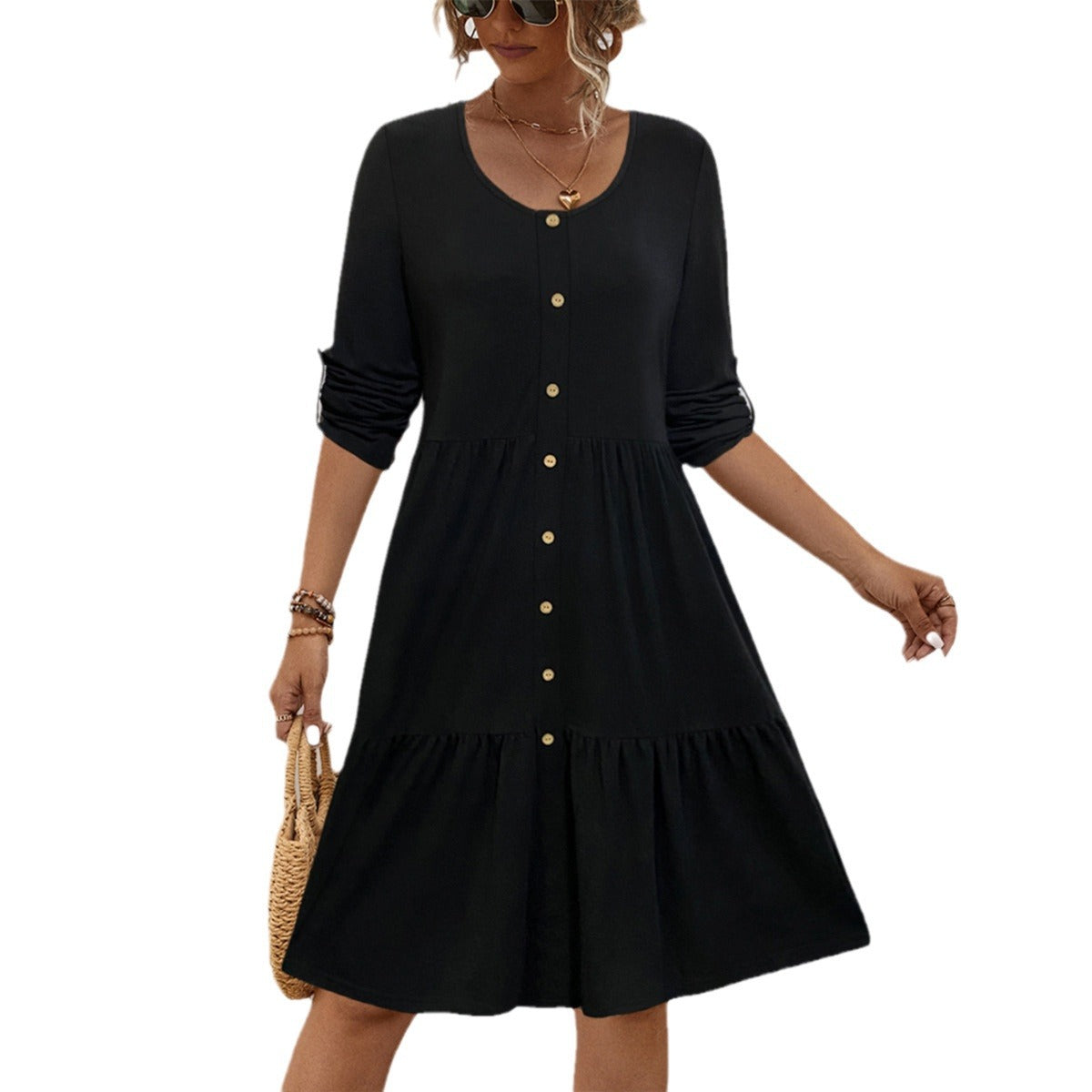 Damen Midi-Kleid mit eleganter Knopfleiste und luftiger A-Linien-Silhouette Sovae