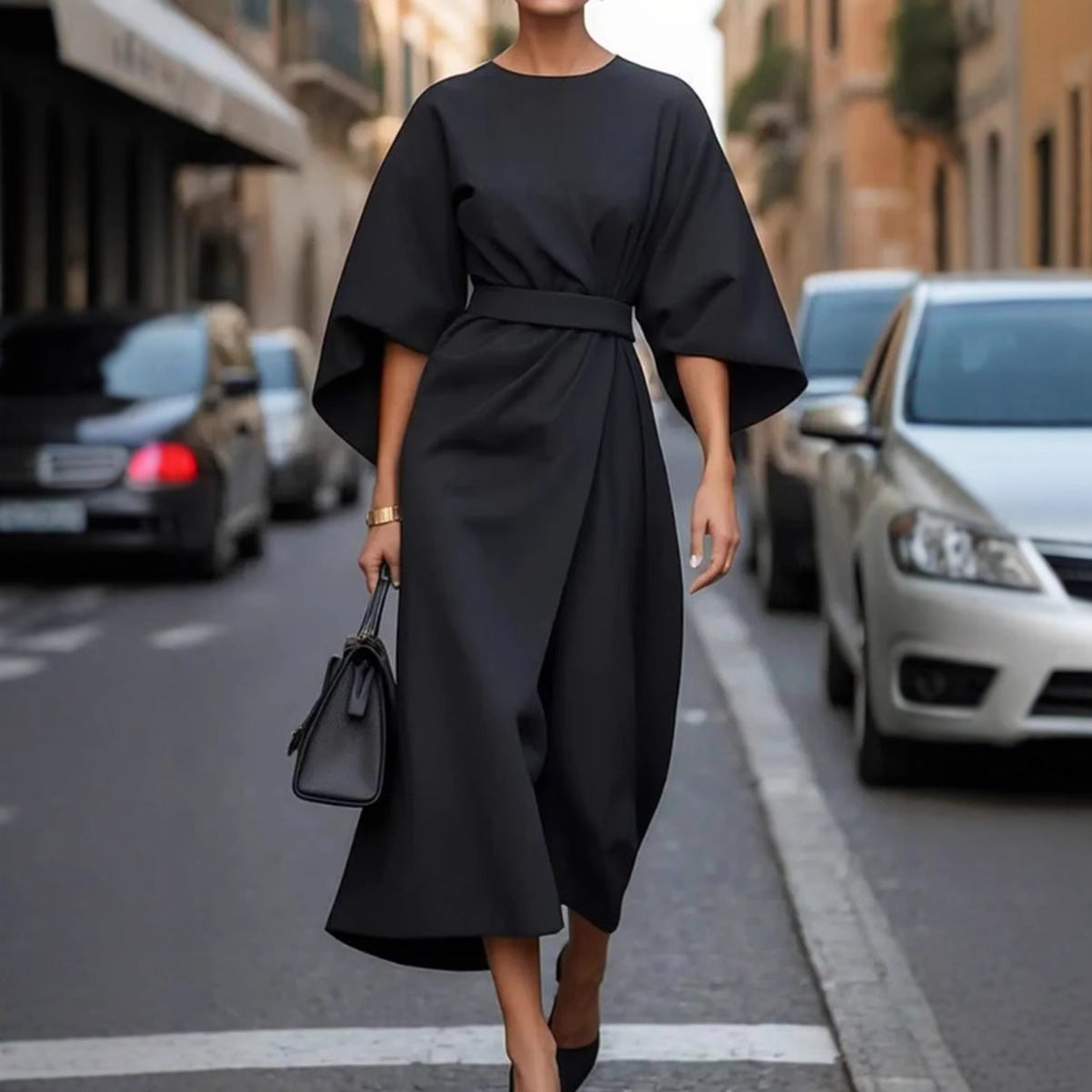 Damen Maxikleid mit eleganten Puffärmeln und Taillengürtel Sovae