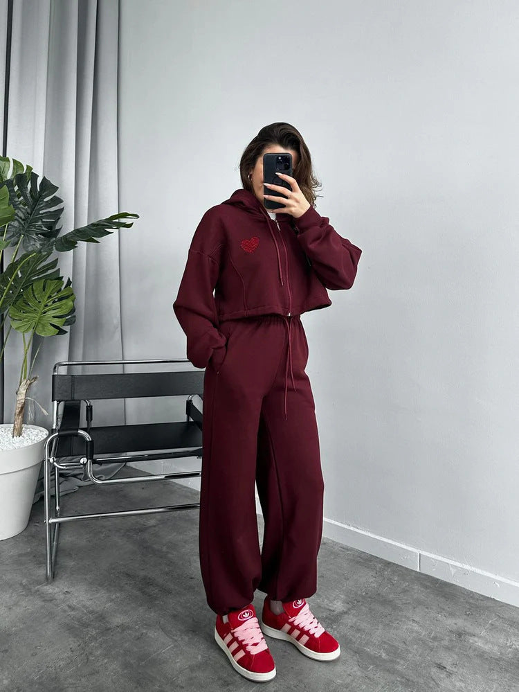 Damen Sportliches Crop-Set mit Kapuze und elastischer Taille Sovae
