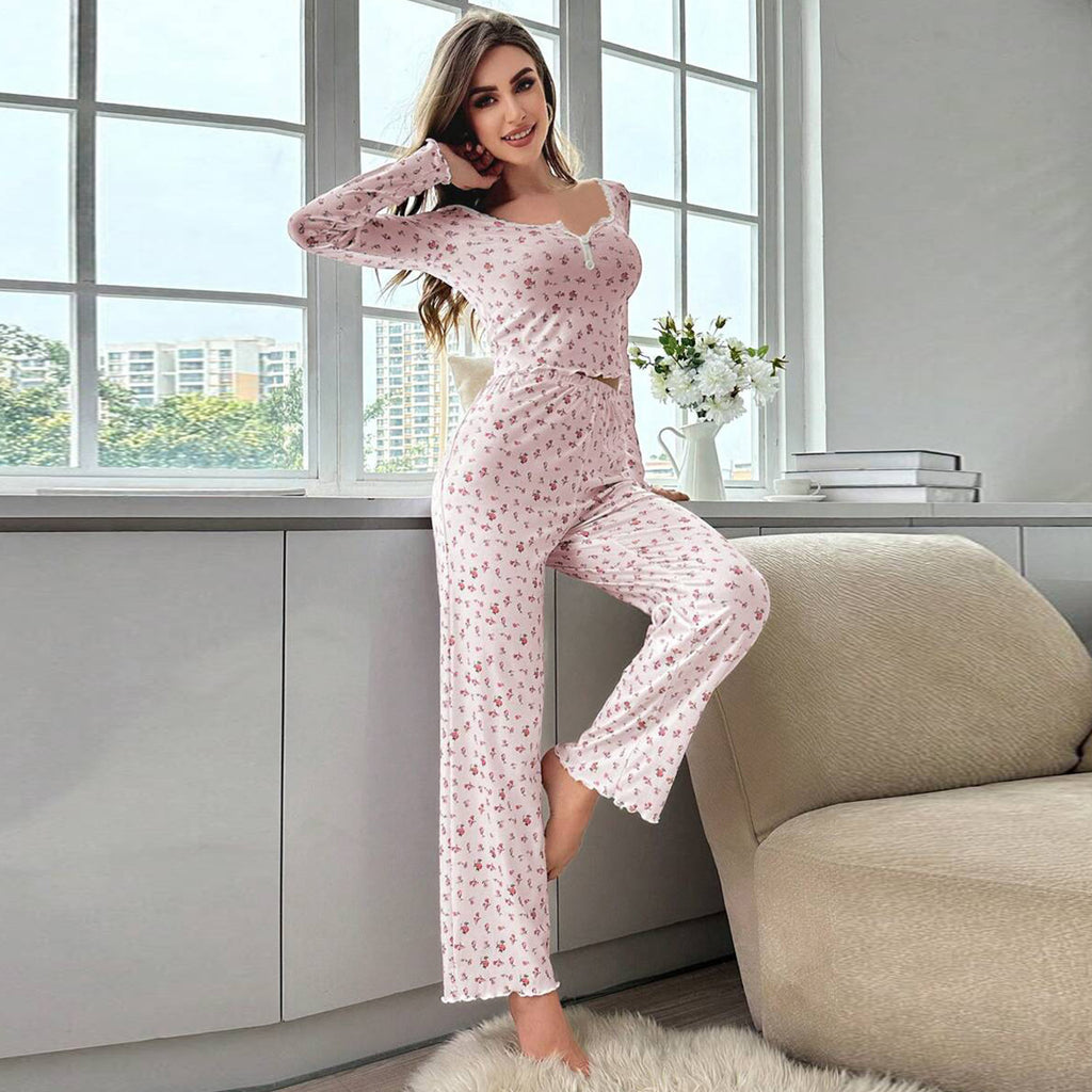 Damen Schlafanzug mit floralem Muster und feinen Rippdetails Sovae