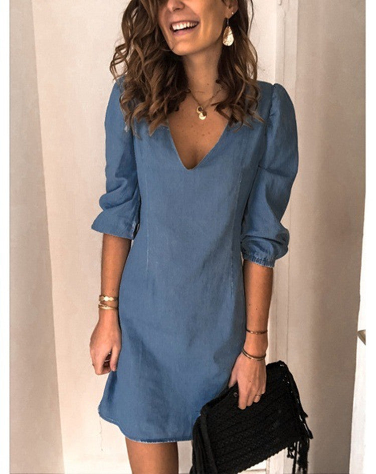 Damen Minikleid mit V-Ausschnitt und Puffärmeln Sovae